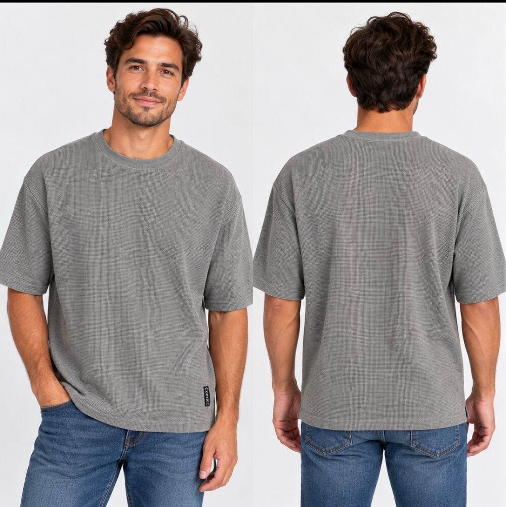 Comfrt Men’s M Gray Waffle Knit Shirt 60/40 Cotton Crewneck Tee